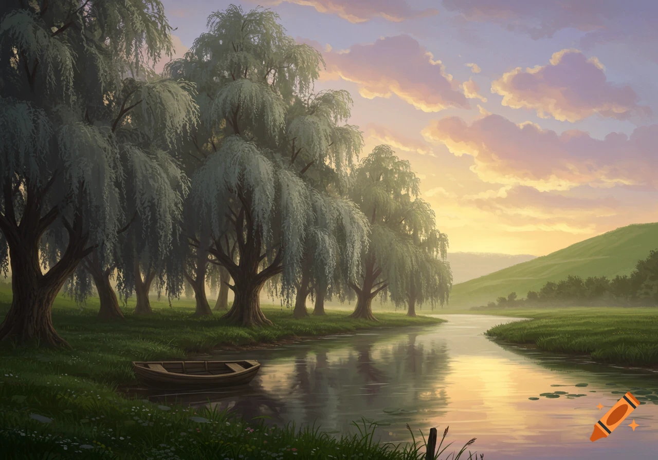 A tranquil river winds through a green landscape with weeping willow trees under a soft sunset sky, a small boat docked on the bank.