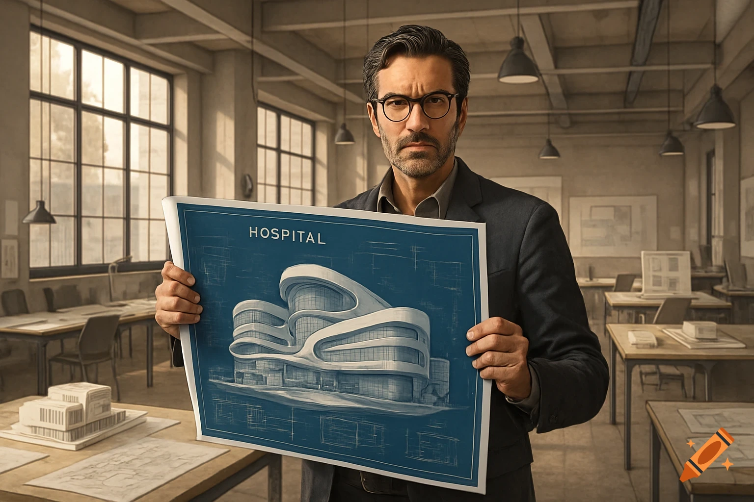 Man in a suit and glasses holds up a blueprint for a modern, curvaceous hospital in a sunlit office.