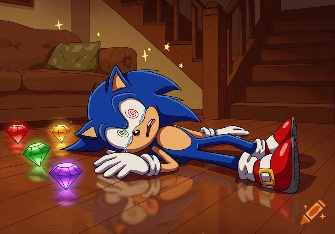 Cartoon-style Sonic the Hedgehog lies unconscious with swirly eyes on a wooden floor, surrounded by five glowing Chaos Emeralds and stars. A couch and stairs are in the background.
