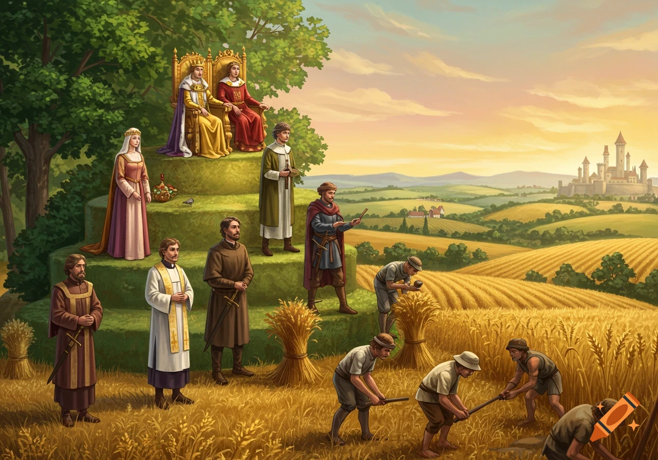 An illustration of a medieval social hierarchy, with royalty, clergy, nobles, and peasants on a terraced landscape.