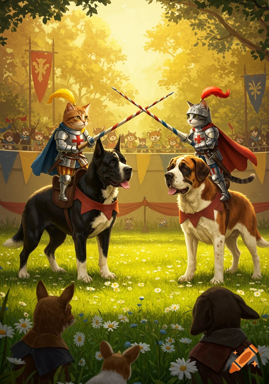Two armored cats jousting on dogs in a sunny medieval fantasy setting, with an audience of small animals.