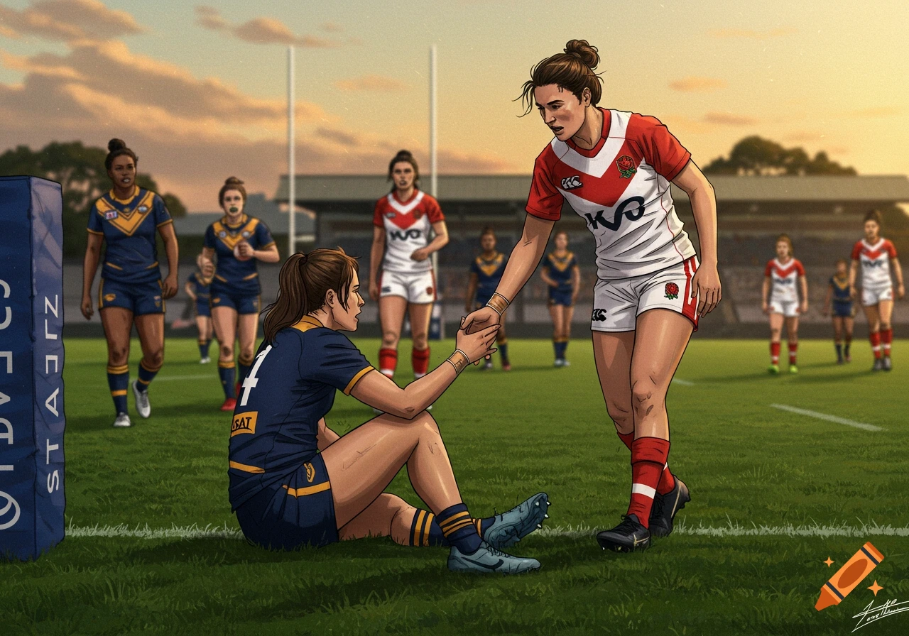 An illustration of a female rugby player in a red and white uniform helping an opponent in a blue and yellow uniform get up from the grass field at sunset. Other players are in the background.