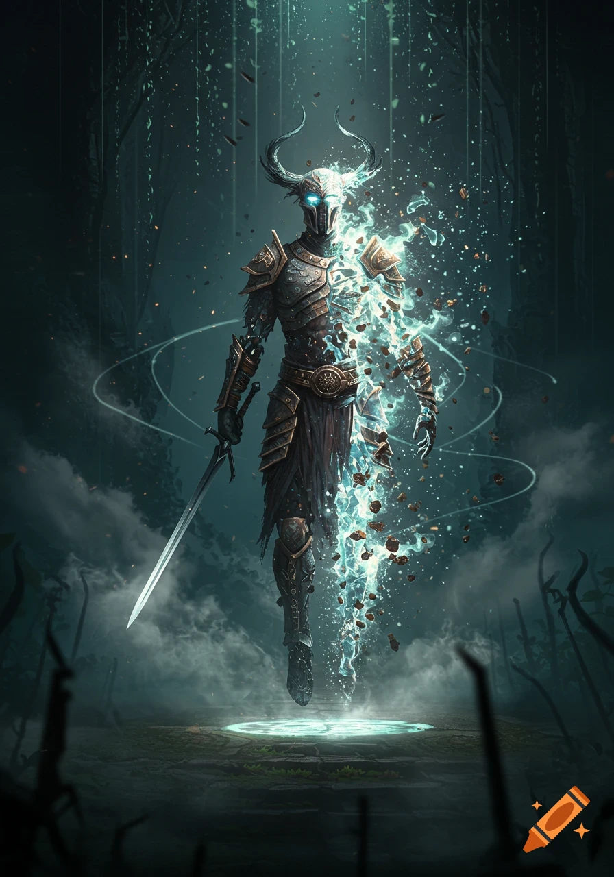 A mystical warrior in ancient armor, partially dissolving into glowing light and mist, stands with a sword in a dark fantasy landscape.