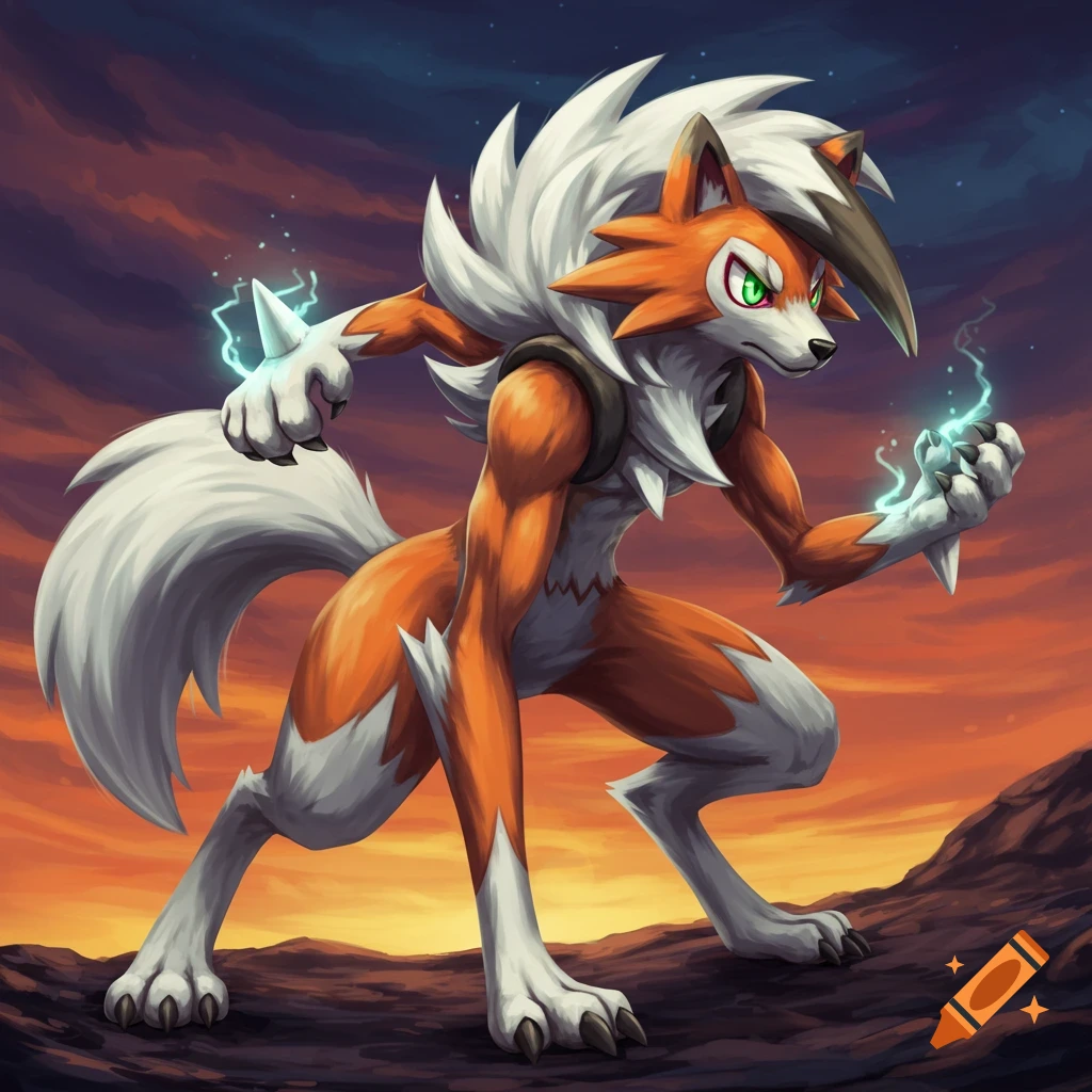 A powerful orange and white Lycanroc-Lucario fusion with green eyes stands on rocky ground, sparks of electricity emanating from its paws against a sunset sky.