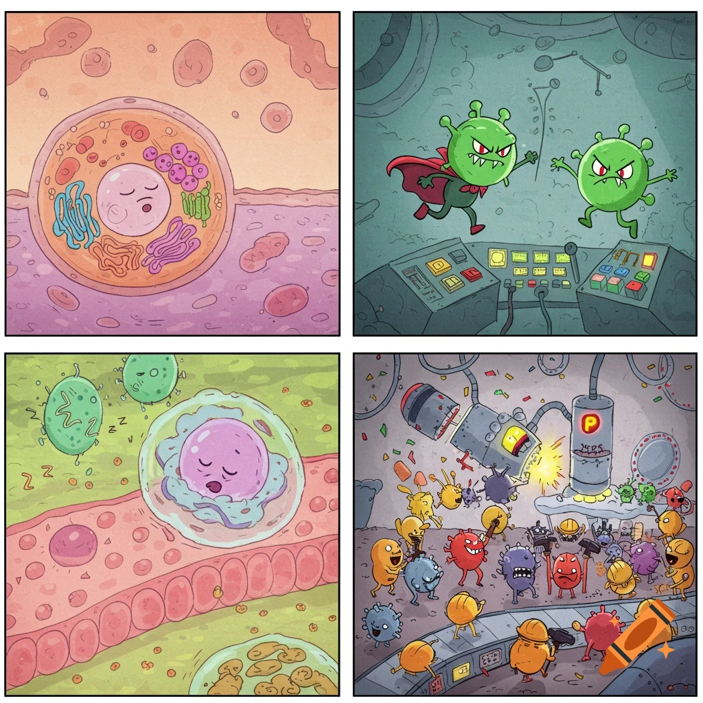 Four-panel cartoon comic: a cell is invaded by a virus, transforming it into a virus factory with many small, angry viruses.