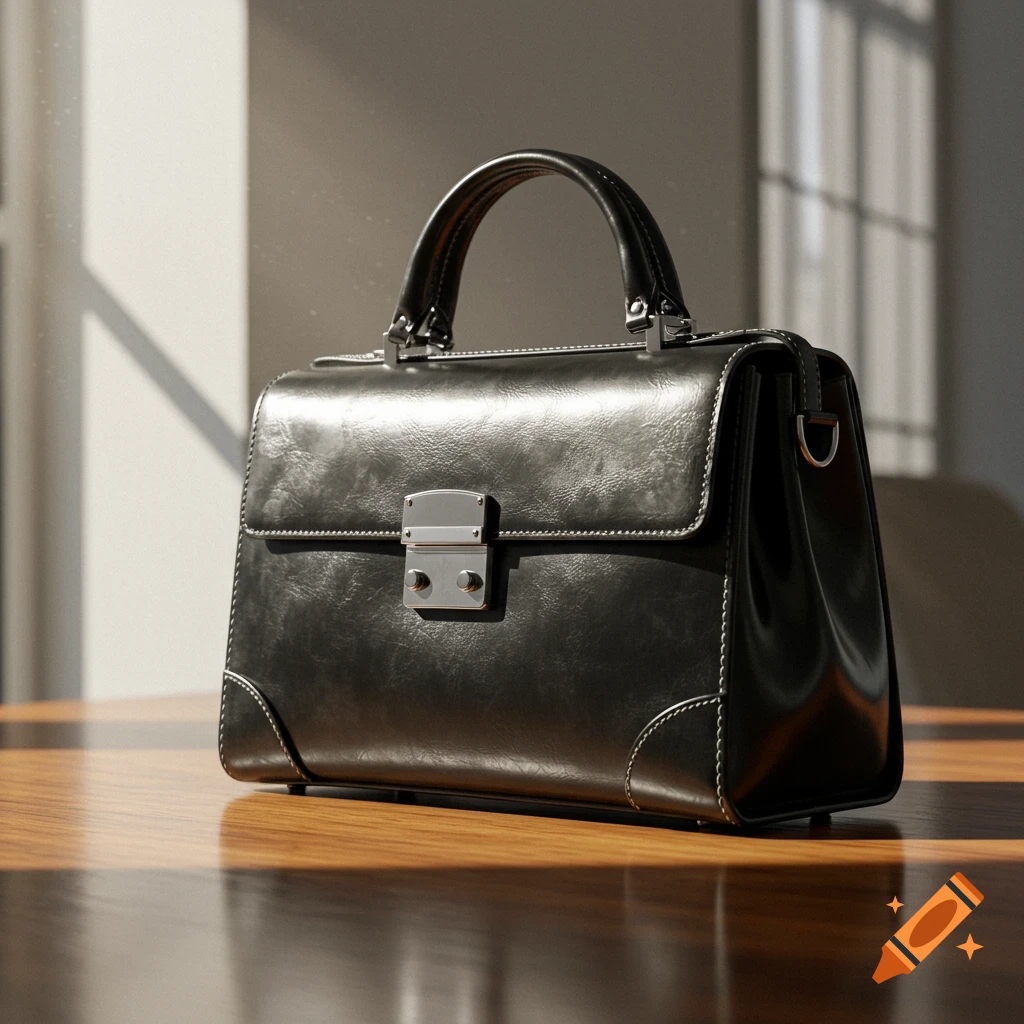 A sleek black leather handbag with silver hardware rests on a polished wooden table, illuminated by sunlight from a nearby window.