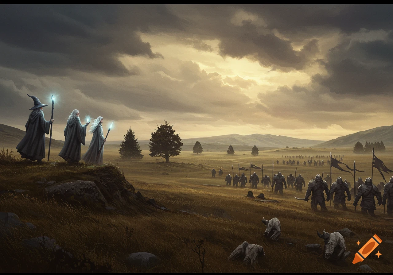 Three wizards on a hill overlook a large army of armored figures marching across a vast, gloomy plain under a dramatic cloudy sky.