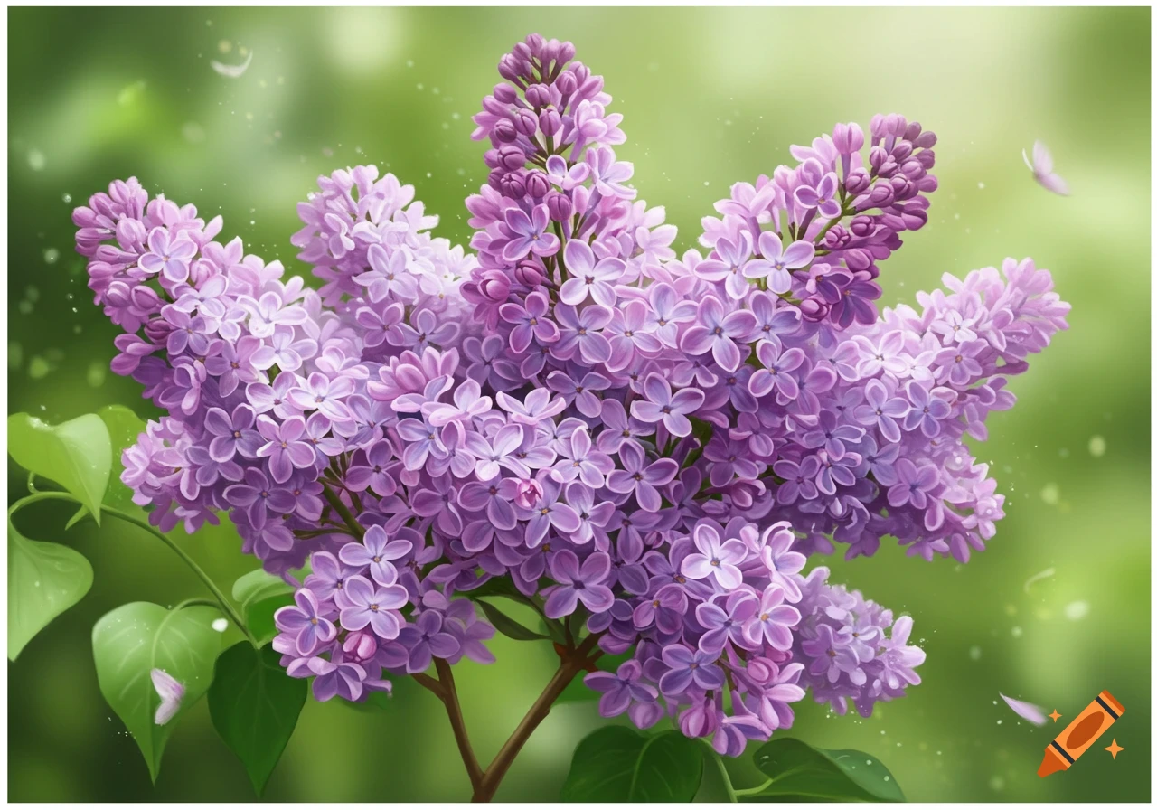 A vibrant digital painting of purple lilac flowers with green leaves against a blurred green background.