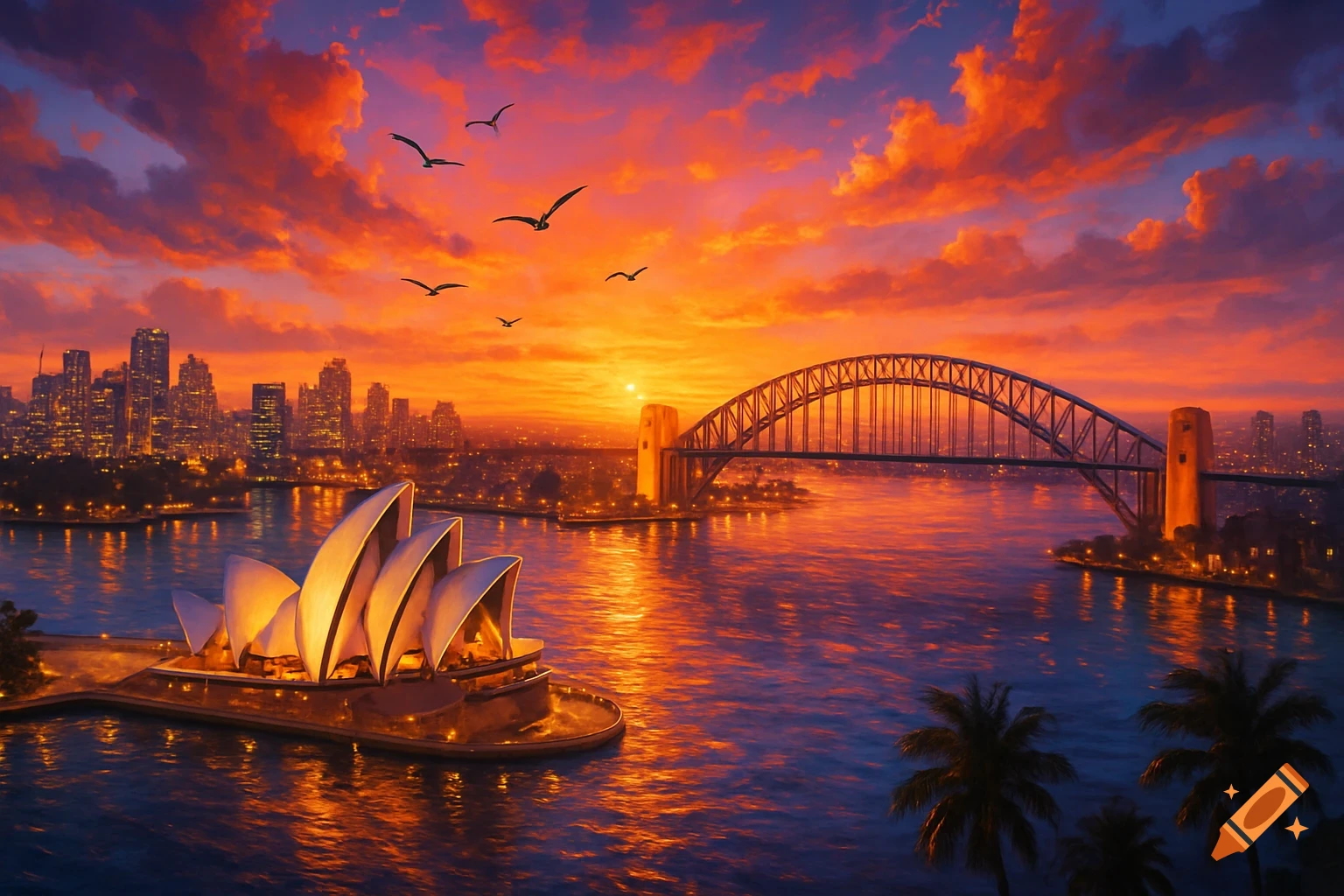 Vibrant sunset over Sydney, Australia, featuring the Opera House, Harbour Bridge, and city skyline against a fiery orange and purple sky.