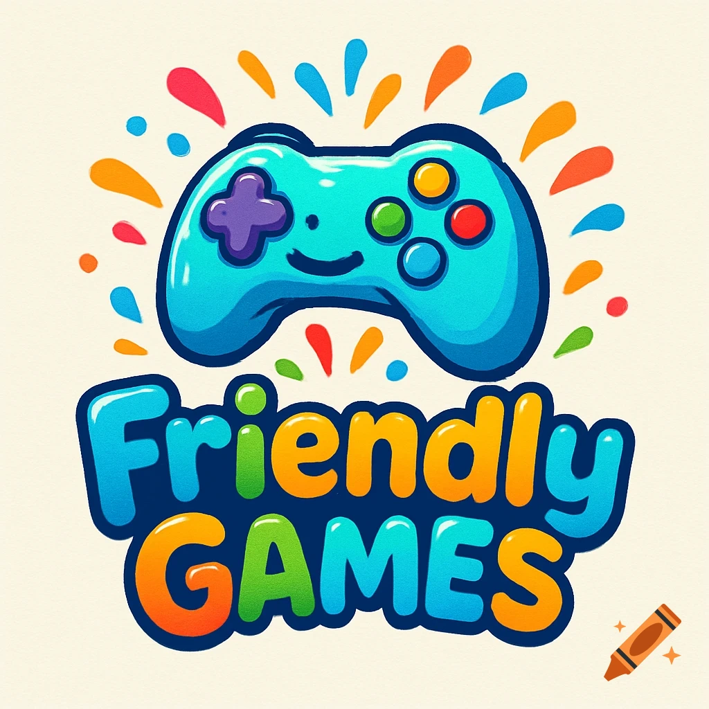 A colorful, cartoon-style logo for 'Friendly GAMES' featuring a smiling blue game controller with multicolored splatters.