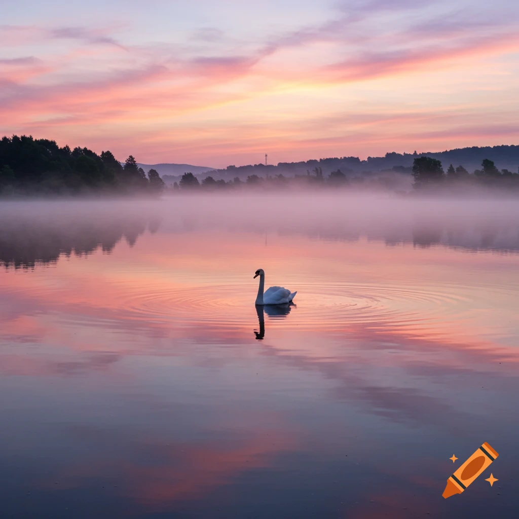 A white swan glides across a misty, tranquil lake reflecting a pink and purple sunset or sunrise sky, with distant hills and trees.