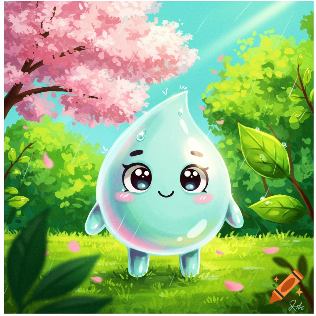 A cute, cartoon raindrop character with large eyes stands in a vibrant spring setting with pink cherry blossoms, green leaves, and falling rain.