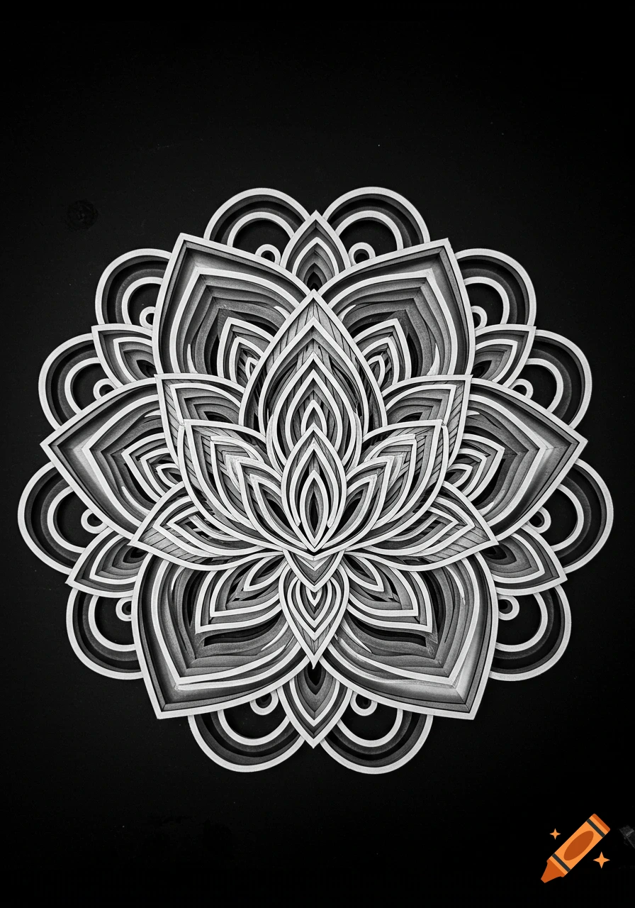A black and white layered paper-cut style mandala resembling a lotus flower on a dark background.