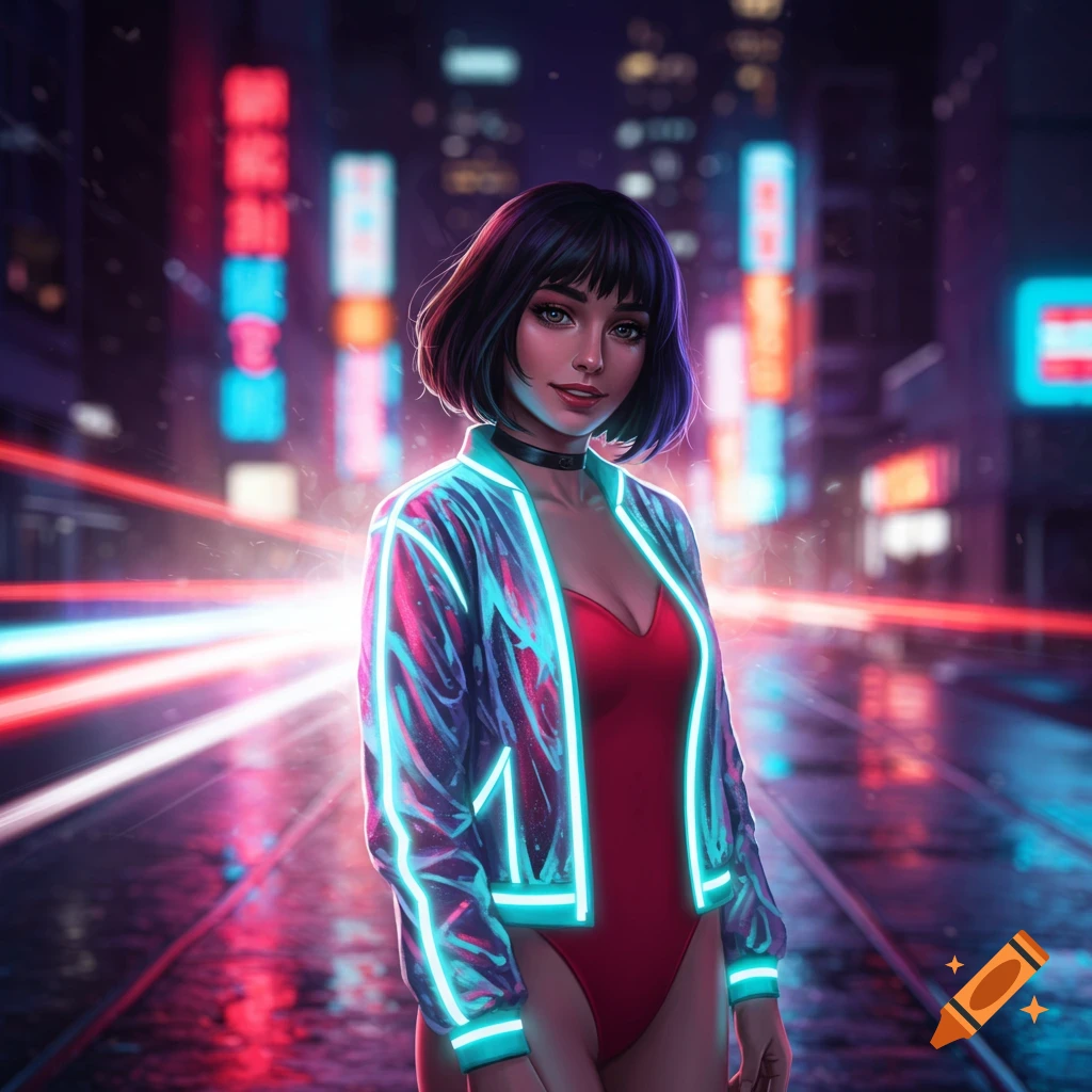 A stylish woman in a glowing neon jacket and red bodysuit stands smiling on a vibrant, neon-lit cyberpunk city street at night.