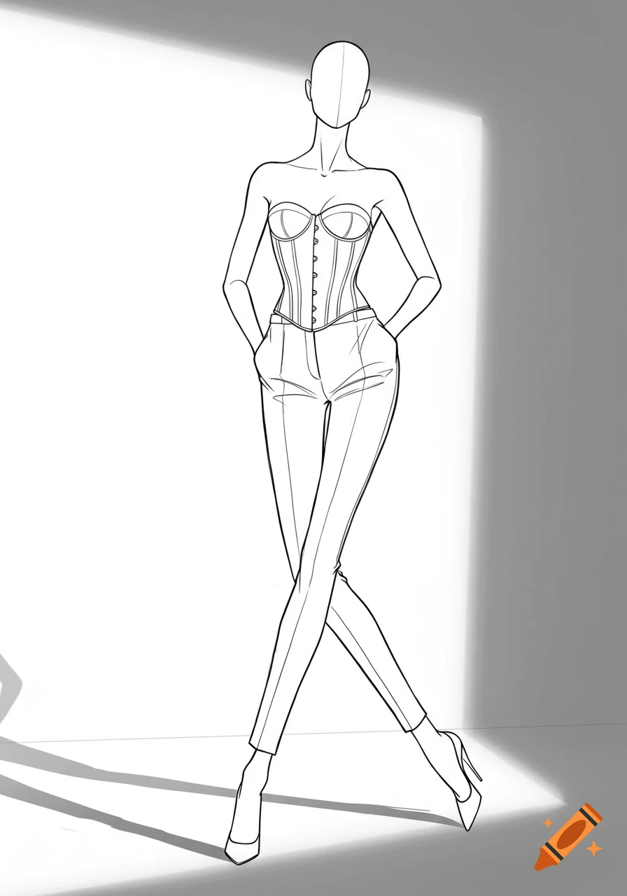 Line art sketch of a fashion model in a strapless corset and pants, standing with crossed legs.