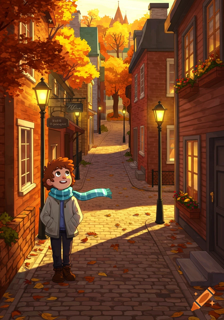 A cartoon boy in a blue scarf smiles on a cobblestone street lined with brick buildings and vibrant autumn trees.