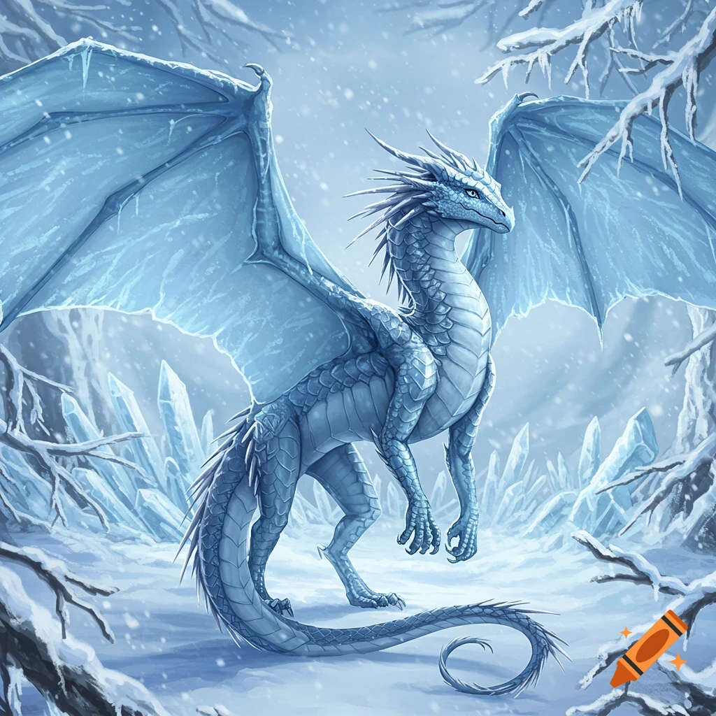 A majestic blue ice dragon with large wings stands in a snowy landscape with ice formations and bare, snow-covered branches.