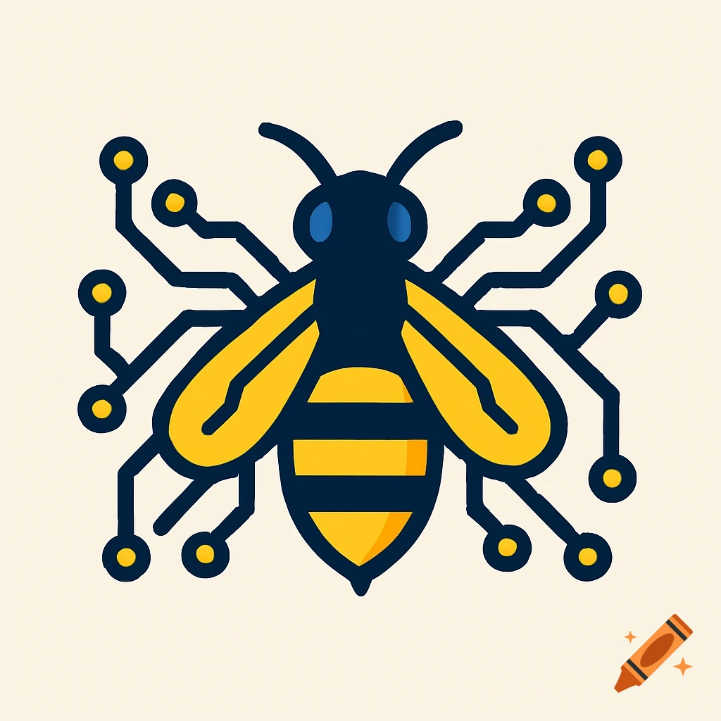 A stylized black and yellow bee with circuit board elements as legs, on a light background.