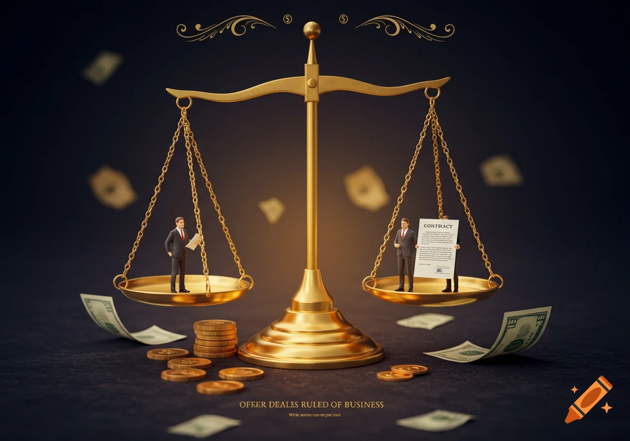 A golden scale balances two miniature businessmen, one holding papers, with coins and dollar bills scattered around. Photorealistic.