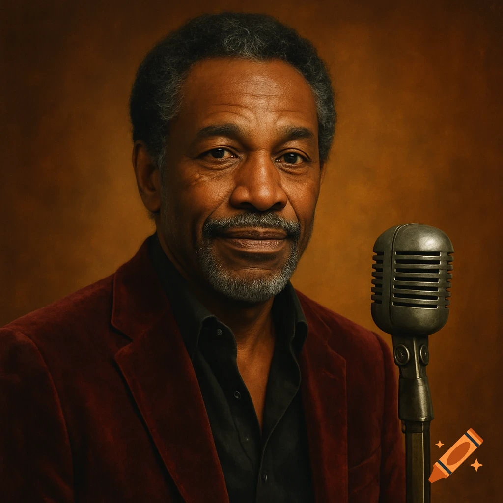 Realistic portrait of a middle-aged Black man with a salt-and-pepper beard, wearing a red velvet jacket, next to a vintage microphone.