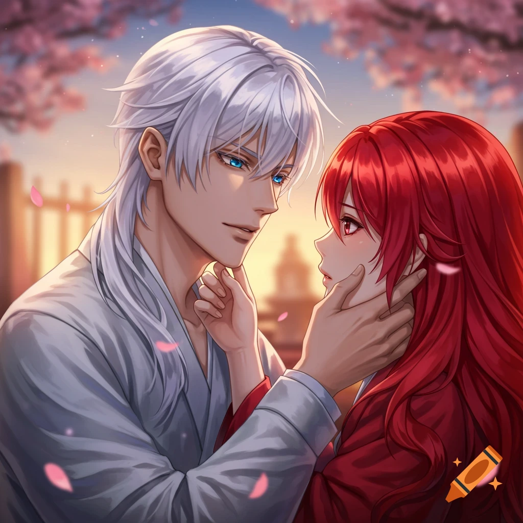 An anime man with white hair and blue eyes gently holds the face of an anime woman with red hair and red eyes, under cherry blossoms at dusk.