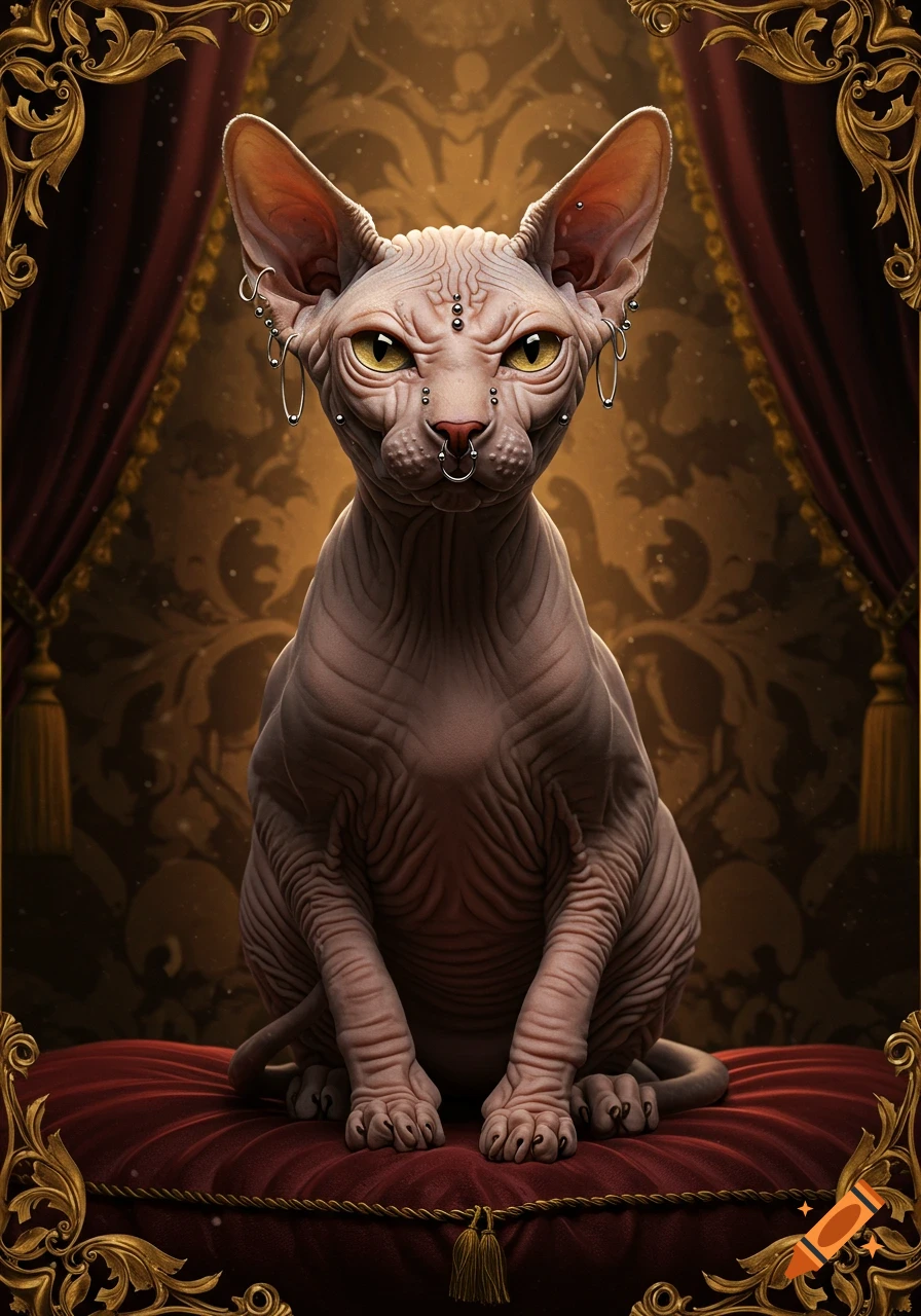 A hairless Sphynx cat with numerous piercings on its face and ears, yellow eyes, sitting on a red velvet cushion, framed by ornate gold details.