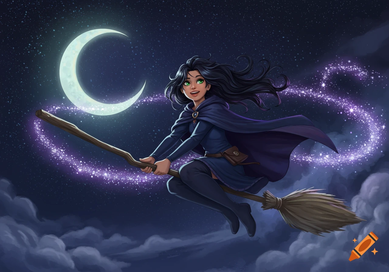 A cartoon witch with dark hair and green eyes flies on a broomstick across a starry night sky with a crescent moon and sparkling purple magic.