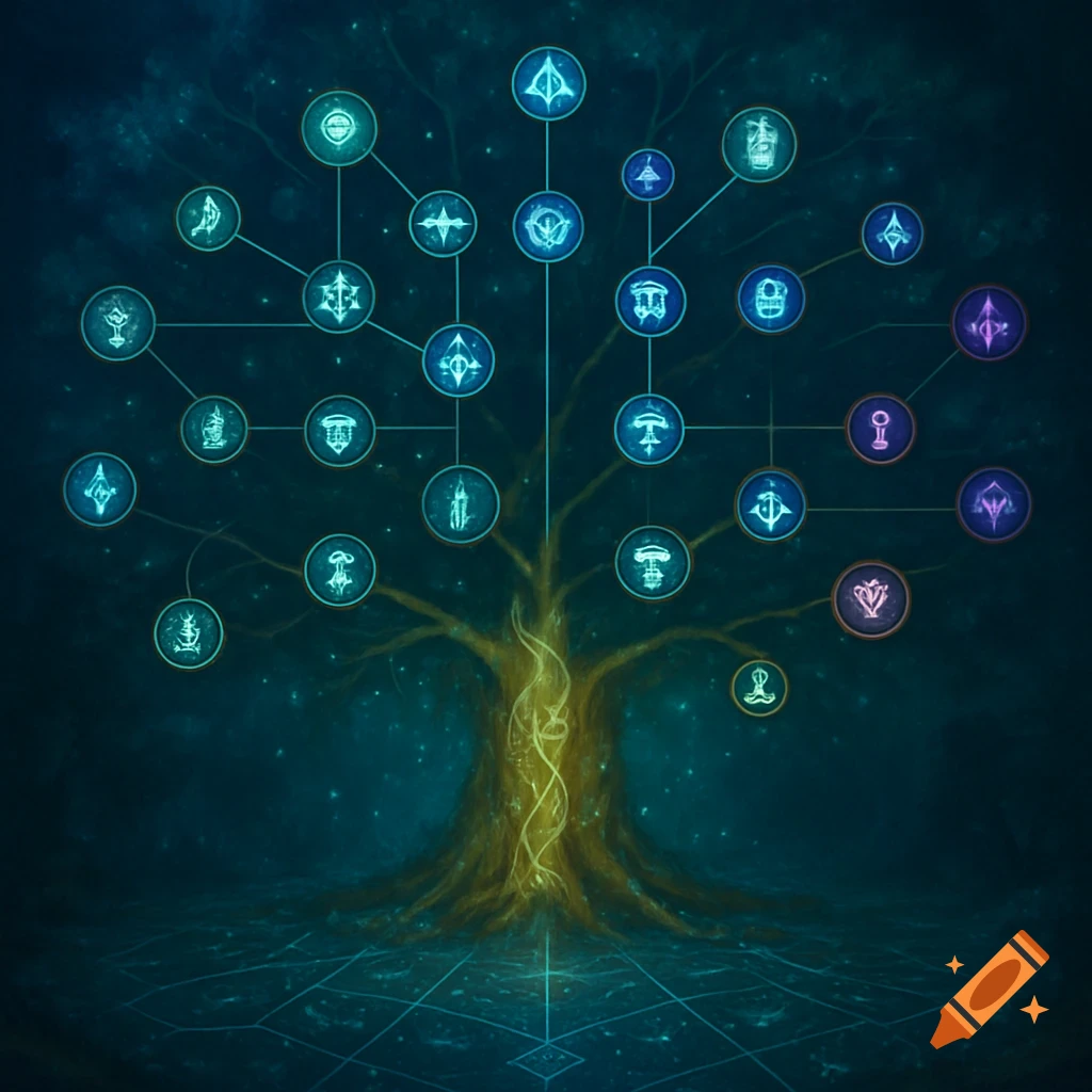Mystical glowing tree with interconnected circular icons on a dark, starry background, resembling a video game skill tree.