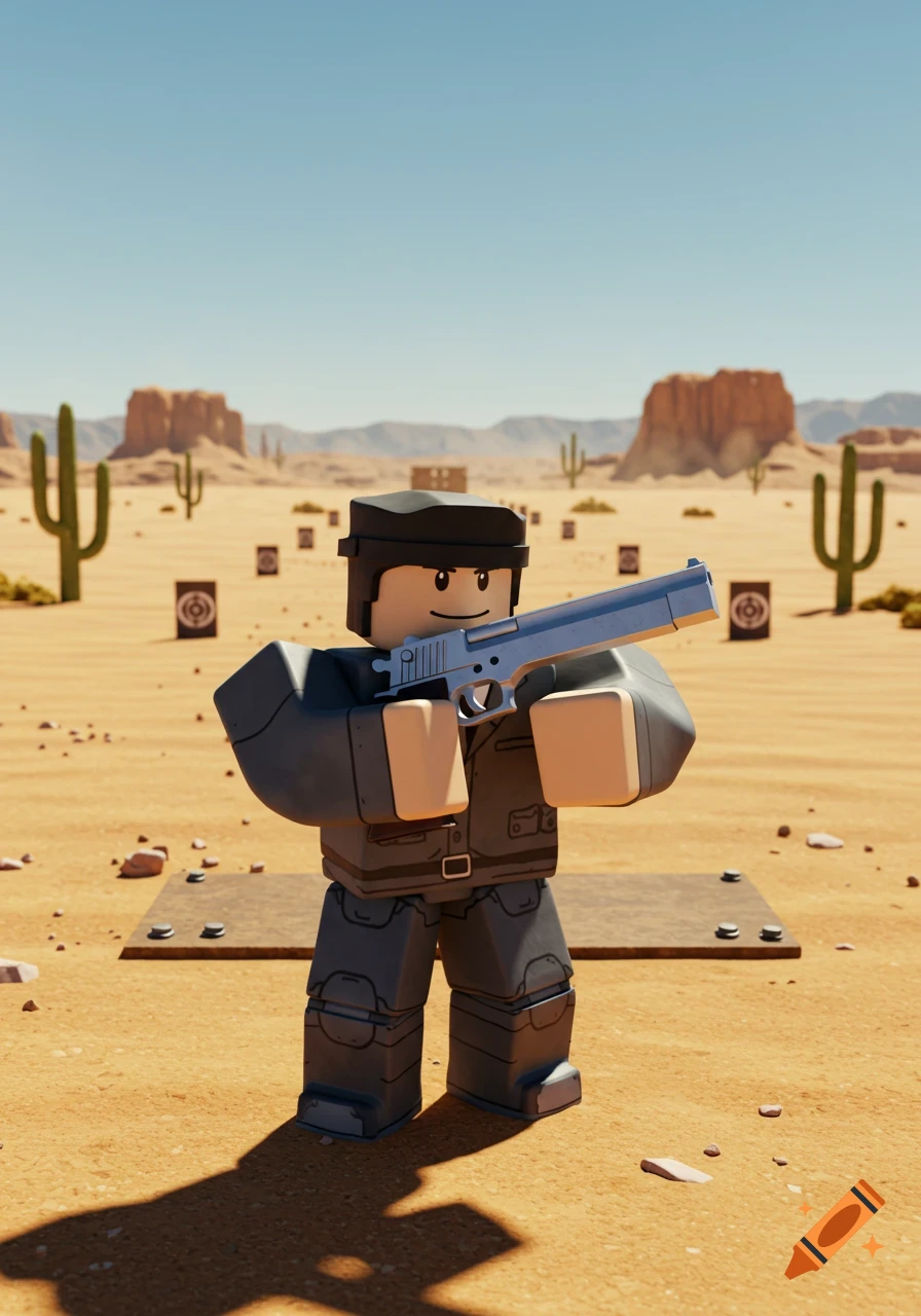 A blocky Robloxian character holds a silver desert eagle pistol, aiming at targets in a desert gun range with cacti and mesas under a clear sky.