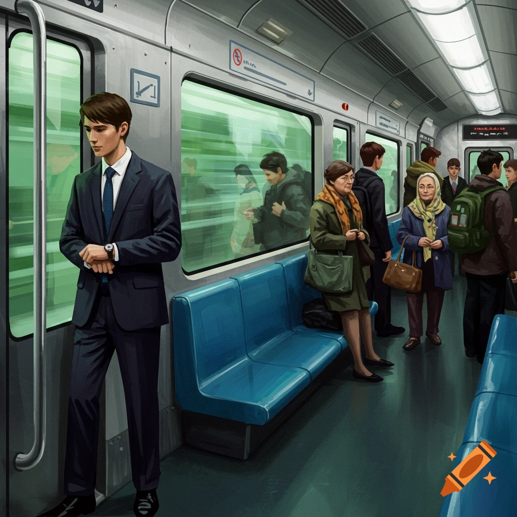 Passengers stand and sit inside a train car with blue seats, some reflected in the windows, in an illustrative style.