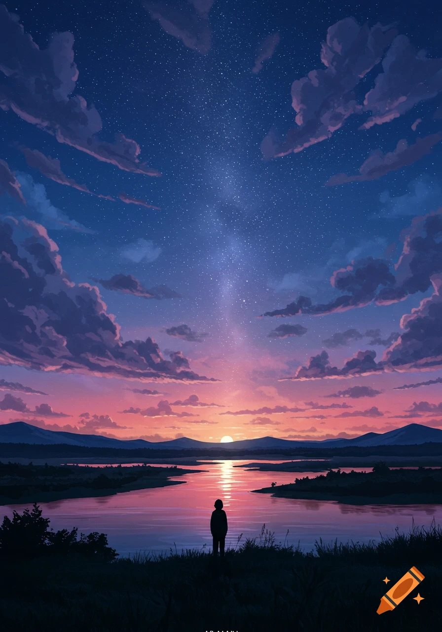 Stylized anime landscape of a person by a lake, gazing at a vibrant sunset and a starry night sky with the Milky Way.