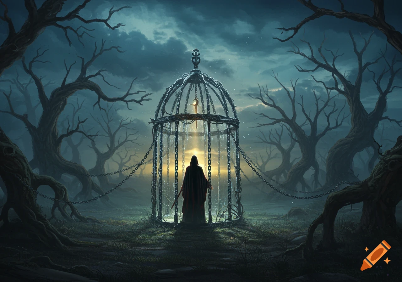 A cloaked figure stands in a large metal cage amidst a dark, gnarled forest with a glowing light behind them.