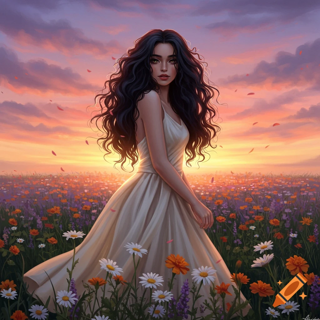 Artistic illustration of a beautiful woman with long dark wavy hair in a white dress standing in a field of colorful flowers at sunset.
