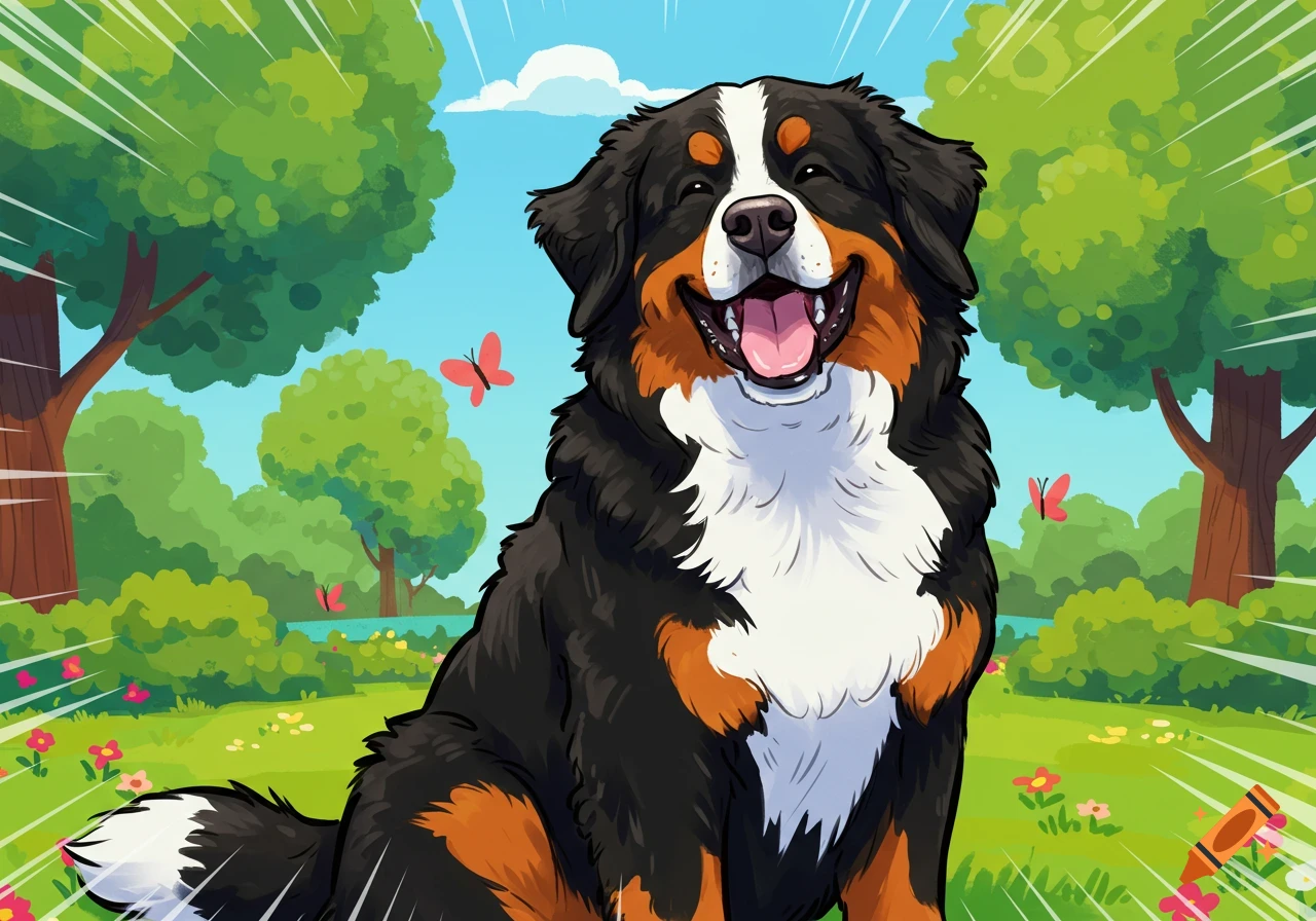 A happy Bernese Mountain dog sitting in a comic style park with trees, grass, and butterflies.