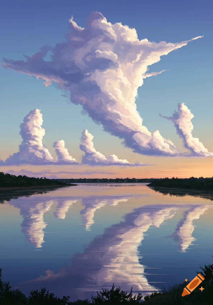 Stylized clouds shaped like elongated water drops reflected in a calm river at sunset.