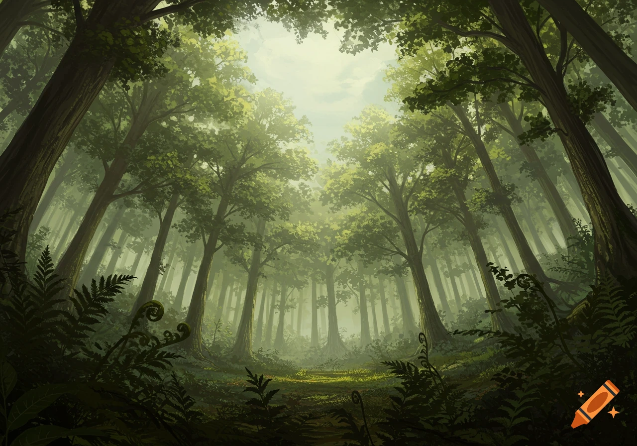 An illustrated, low-angle view of a misty, lush green forest with sunlight filtering through the canopy.