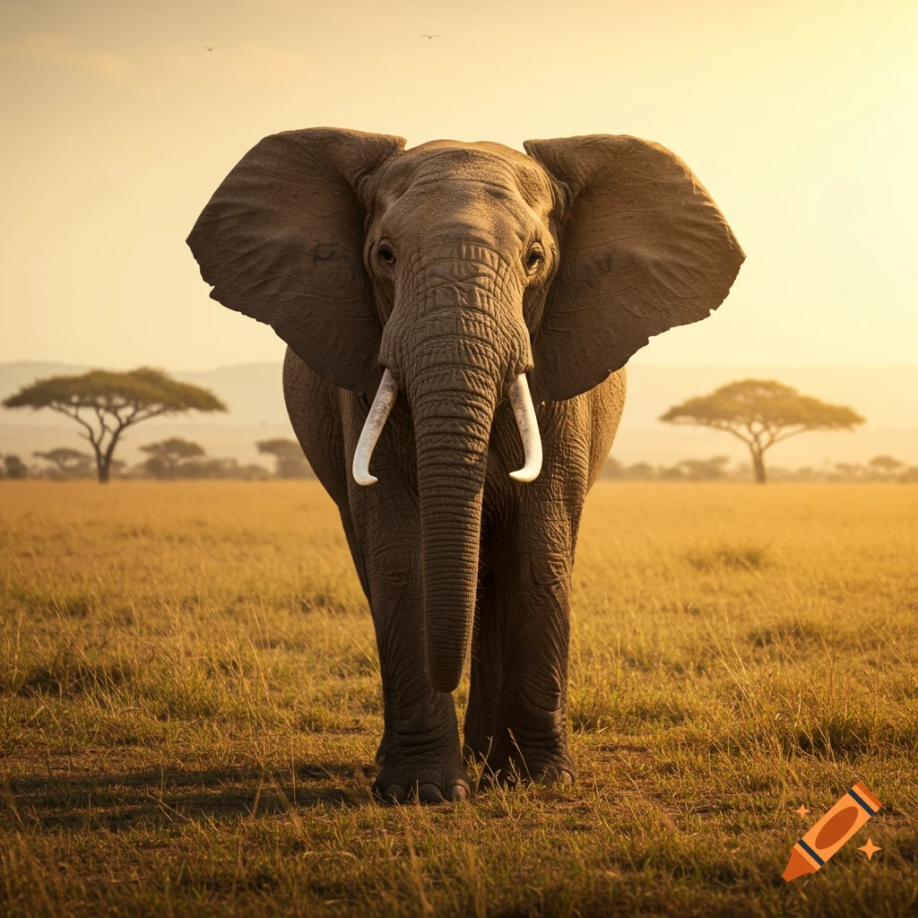 Photorealistic elephant with large tusks stands in a golden savanna field with acacia trees at sunset.