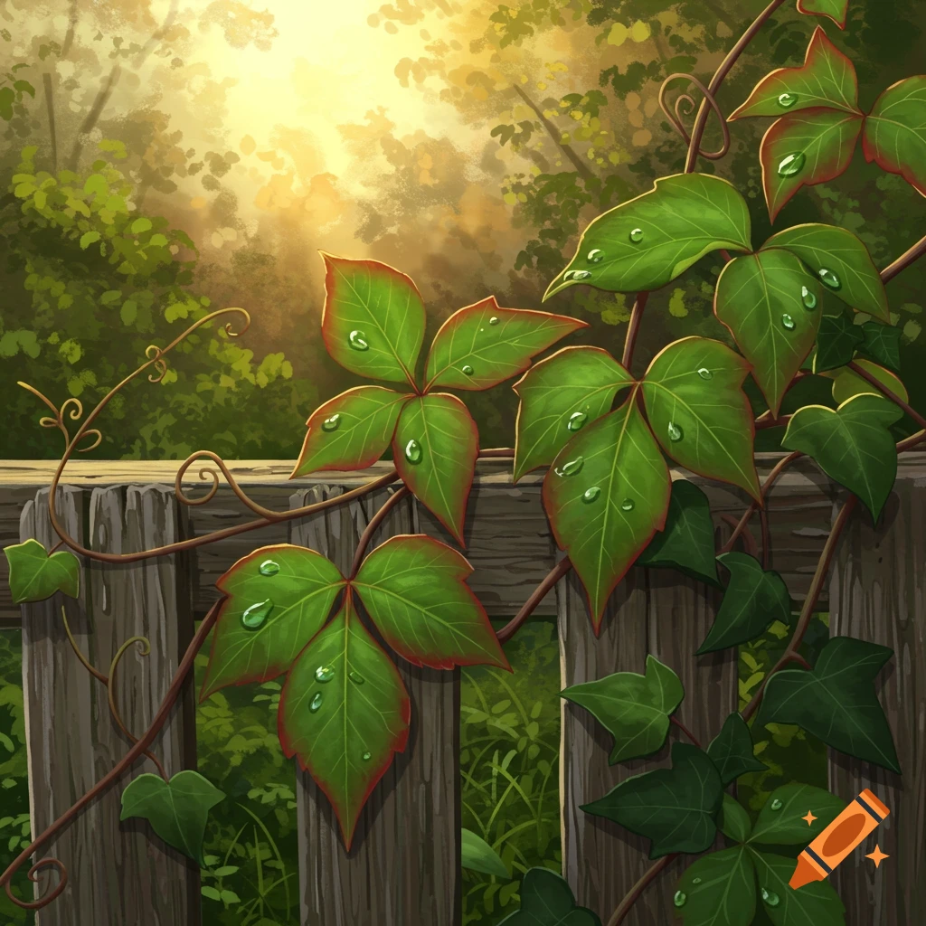 Illustrative close-up of green leaves with red edges and water droplets climbing a weathered wooden fence, with a sunny, blurry green background.