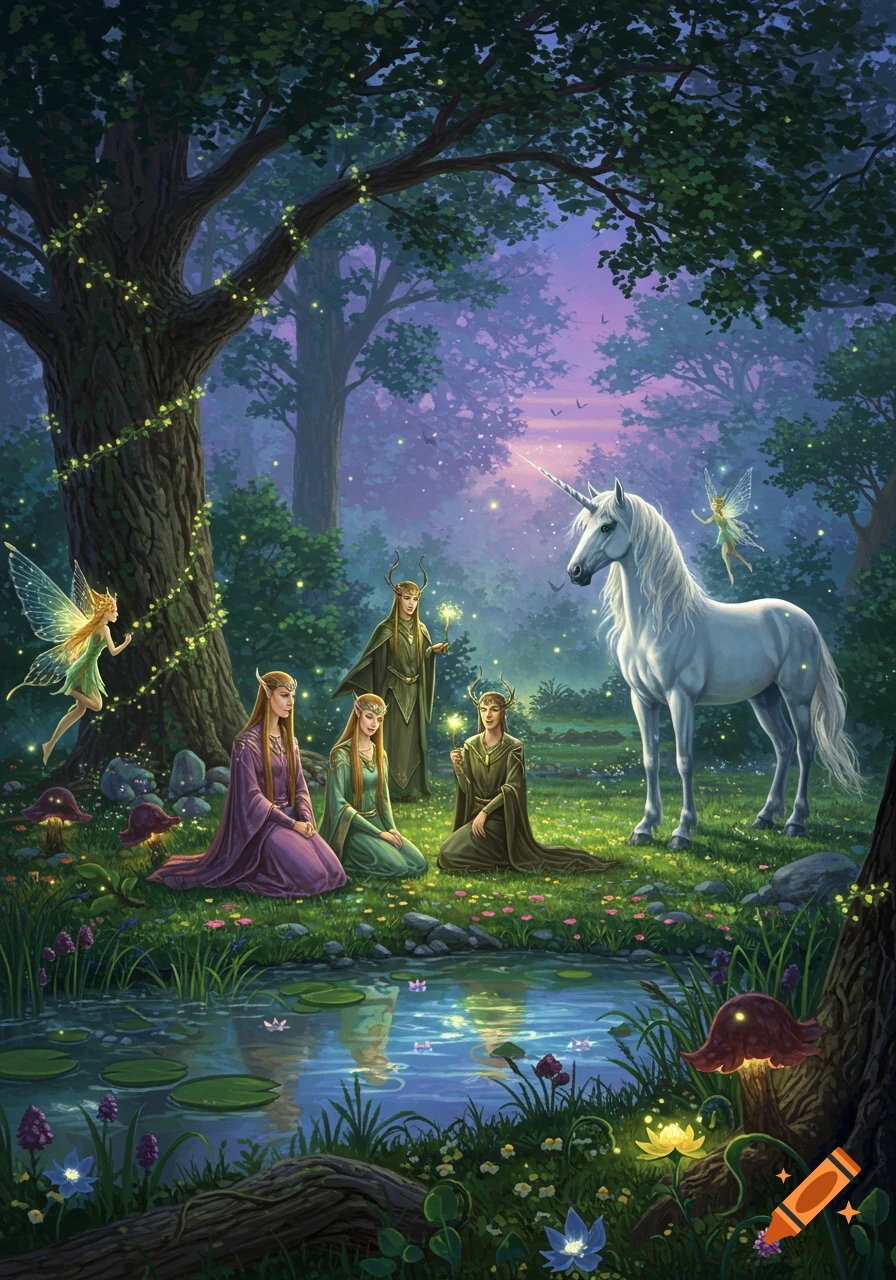 Five elves and a white unicorn gather by a glowing pond in an enchanted forest with fairies and glowing plants under a purple sky.