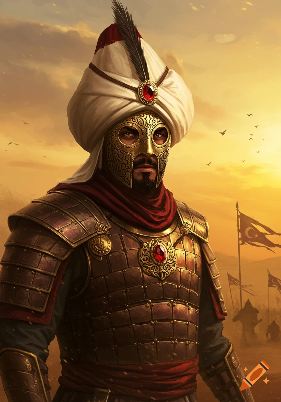Digital painting of an Ottoman warrior in a golden mask, white turban, and ornate armor under a sunset sky with flags.