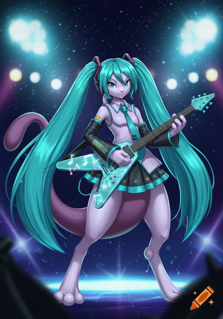 A stylized Mewtwo character, cosplaying as Hatsune Miku with long teal pigtails, plays an electric guitar on a dark stage with spotlights.