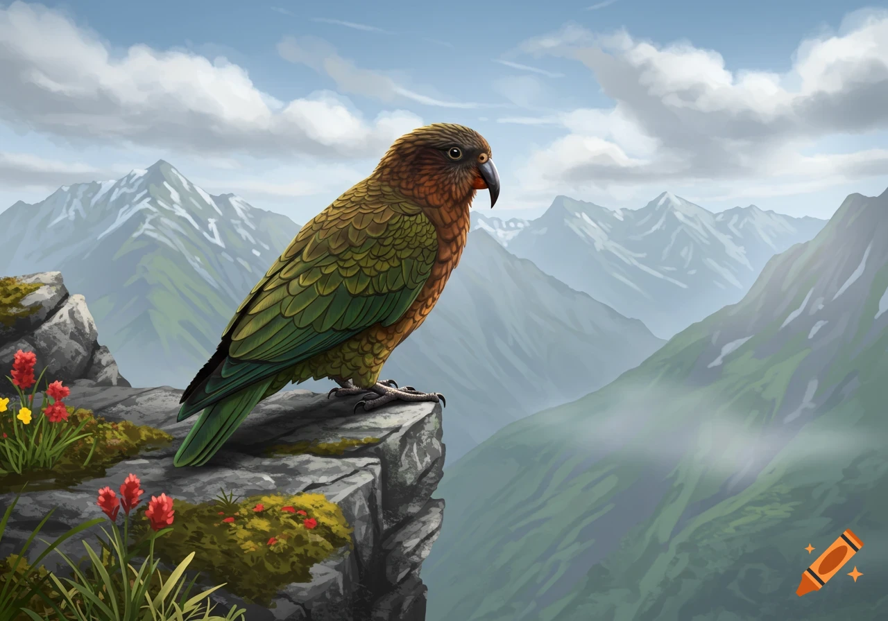 A green and brown kea bird perches on a rocky cliff overlooking a misty mountain valley with snowy peaks, in a stylized illustration.
