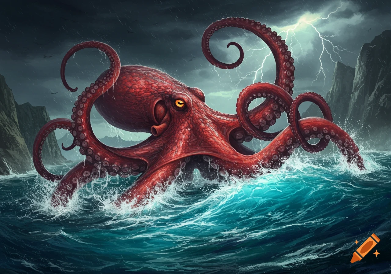 A giant red octopus with glowing yellow eyes emerges from stormy blue-green ocean waves as lightning strikes in the dark, cloudy sky above rocky cliffs.
