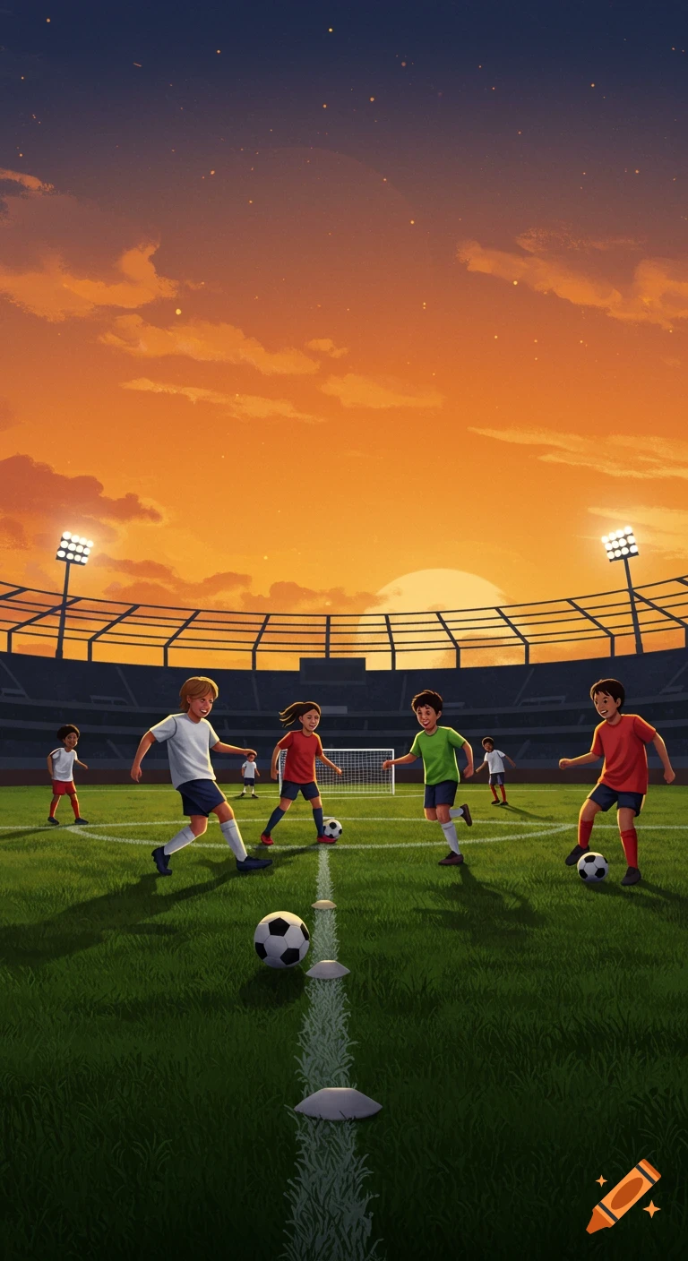 Vibrant illustration of diverse children playing soccer on a green stadium field at sunset with an orange-navy sky.