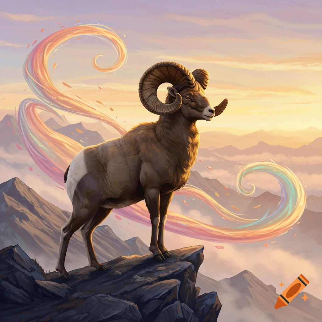 A majestic ram with large curved horns stands on a rocky mountain peak at sunset, surrounded by flowing, colorful, ethereal swirls.