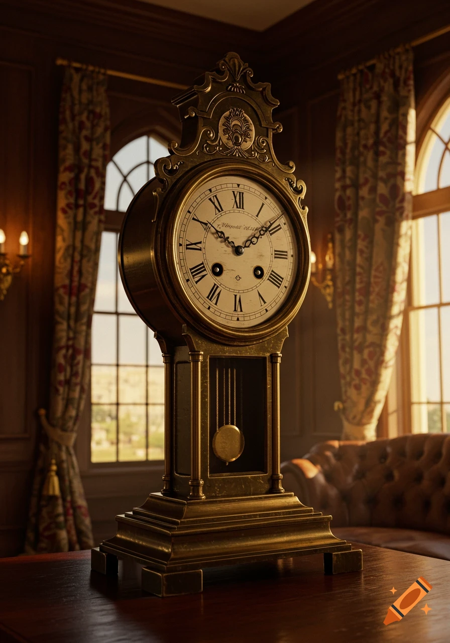 An ornate antique brass mantel clock on a wooden table in a dimly lit, elegant room with arched windows and patterned curtains.