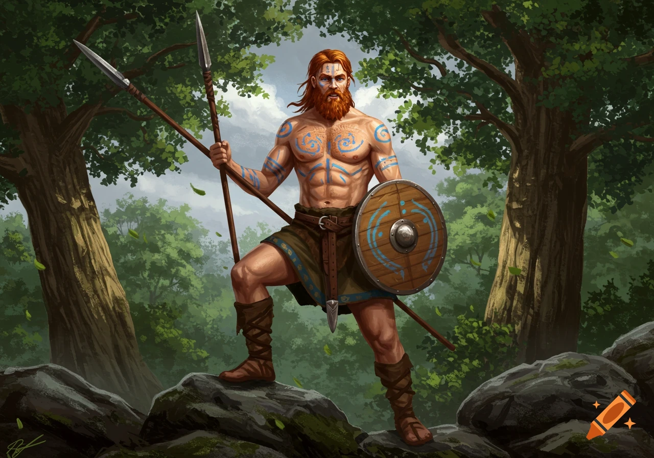 An illustrated red-haired Gaulish warrior with blue body paint, holding spears and a shield, stands on mossy rocks in a forest.