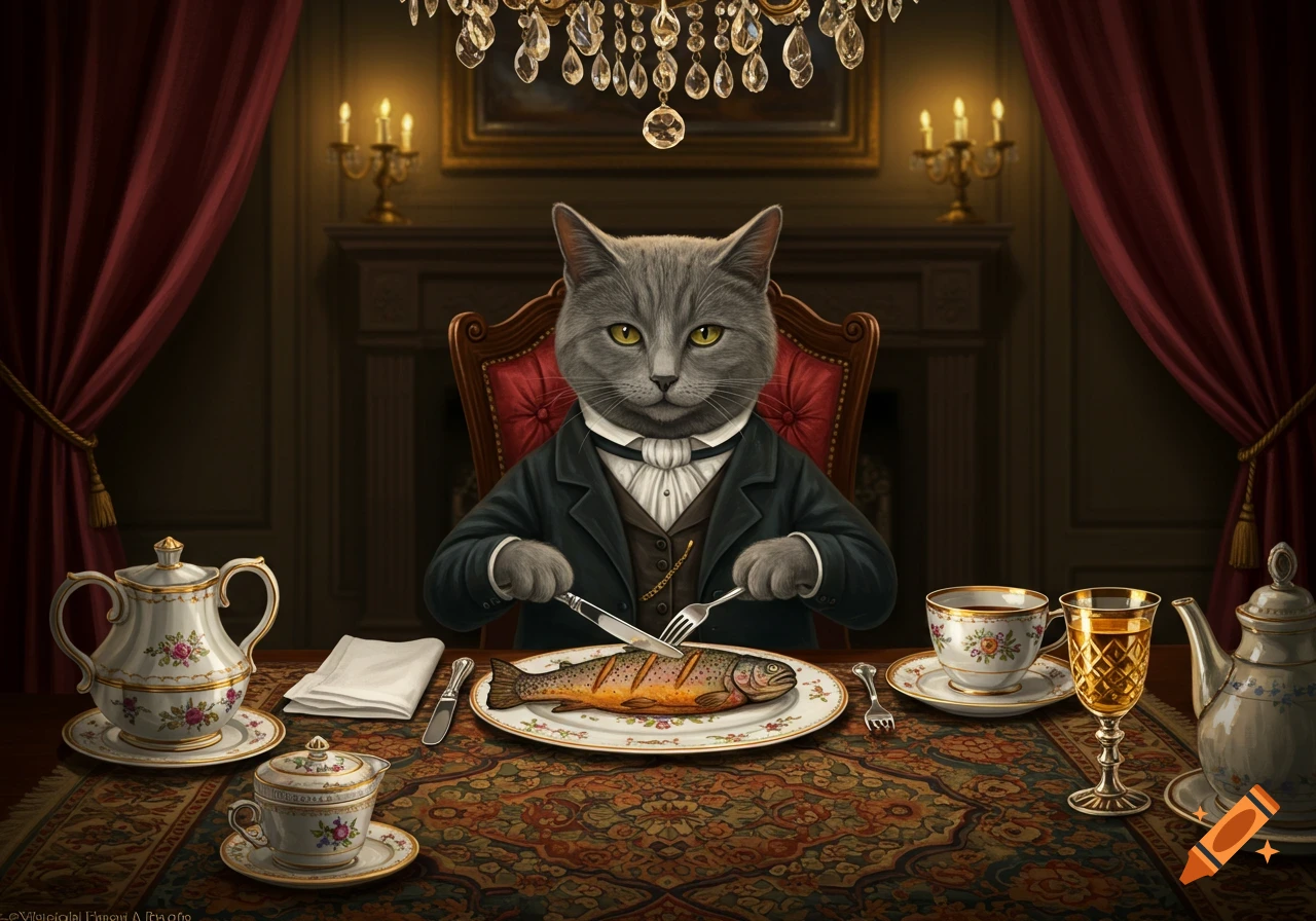 A photorealistic gray cat in a suit dines at a fancy table, cutting a fish with a knife and fork in a rich, dim room.