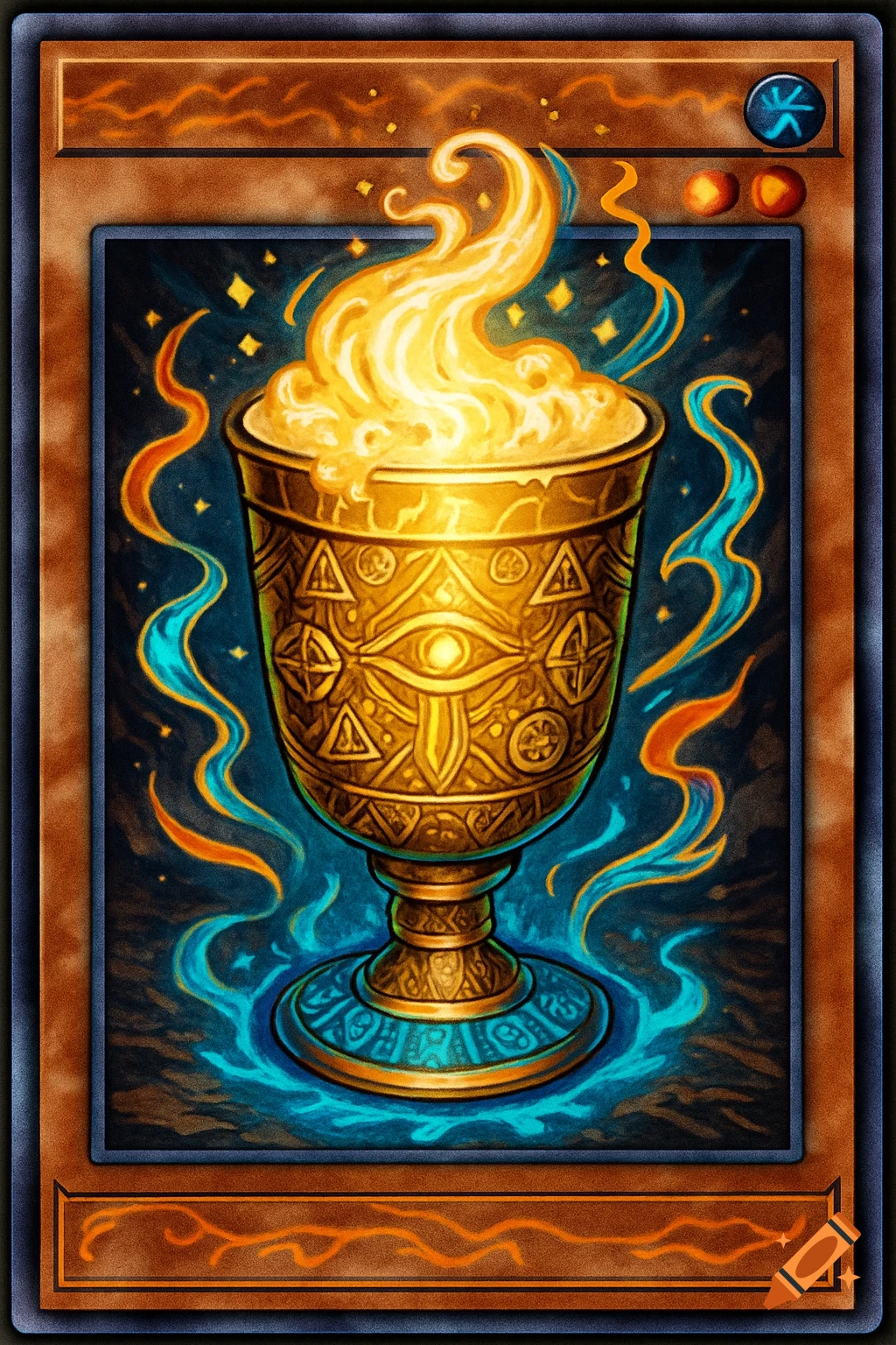 A fantasy trading card with a golden goblet emitting bright, swirling fire, surrounded by blue and orange magical energy.