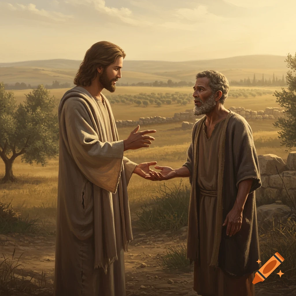 Jesus speaks to an older man with open hands in a sunlit field with olive trees, classical painting style.